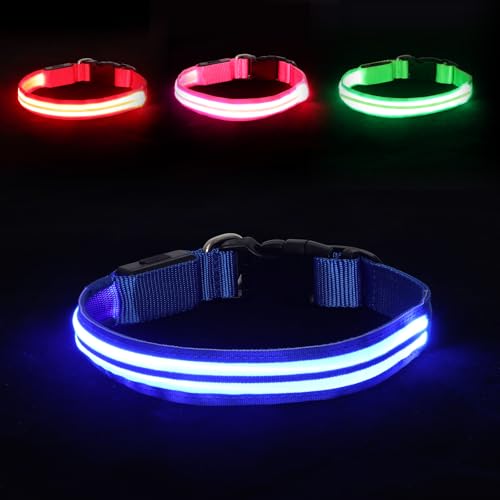 Neon LED Light Up Dog Collar for Night Walking, Rechargeable Safety Glow Illuminated Collar with 3 Modes Flashing, Reflective Adjustable Pet Light for Small/Medium Dogs Puppy 15-19" Neck (Blue) - color: 1-Pack(Blue)&Medium