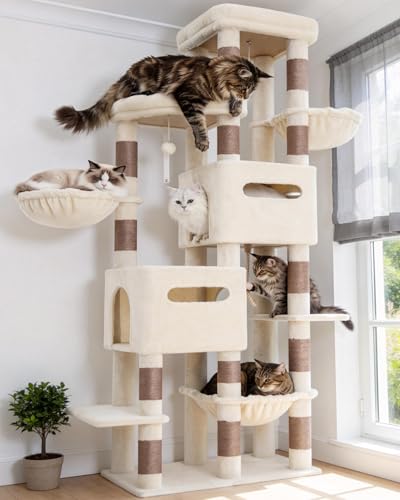 Heybly Cat Tree, 74.8-Inch Spacious & Tall Cat Tower for Large Cats, Cat Furniture with Large Top Perch, Solid Base, 2 Cat Condos, Hanging Hammock, Durable Sisal Scratching Posts, Beige HCT062MJ - color: Beige New