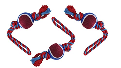 Dog Rope Toy with Tennis Ball (11”) – Strong Tug Toys for Dogs for Interactive Play & Bonding – Non-Abrasive Felt Dog Tennis Balls w/Rope for Puppies & Moderate Chewers – 3-Pack Red - size: 3 set Rope Dog Toy Red Ball