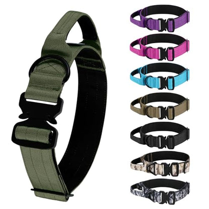 Tactical Thick Dog Collar, Adjustable Training Nylon Dog Collar, Heavy Duty Metal Buckle & Control Handle for Small Medium Large Dogs (M, Green) - color: Green, size: M