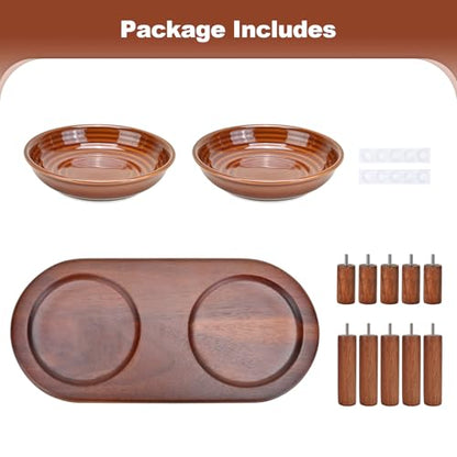 SPUNKYJUNKY Shallow Elevated Cat Bowl with Acacia Wood Stand Wide Raised Ceramic Cat Dishes Whisker Friendly Pet Food and Water Plates (Striped Pattern, Brown) - color: Brown
