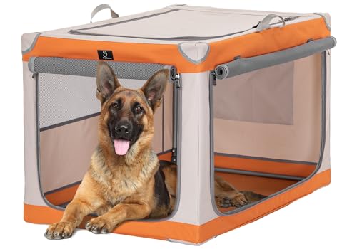 40" Collapsible Dog Crate for Large Dogs - Portable Soft Travel Kennel with Lockable Zippers, Waterproof Base, Washable Cover, Patented Screw Frame for Adjustable Tension, Outdoor, Indoor, Car Use - color: Orange+Beige, size: 40.0"L x 25.0"W x 25.0"H