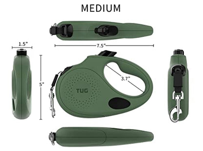 TUG Oval 360° Tangle-Free Retractable Dog Leash with Integrated Waste Bag Dispenser (Medium, Green) - color: Green, size: Medium