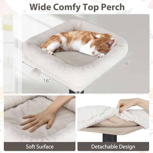 PETSITE 59.5 Inches Modern Cat Tree, Multi-Level Cat Tower with Scratching Posts, Large Condo with Removable Pad, Cushioned Soft Top Perch, and Interactive Dangling Ball (Brown) - color: Brown