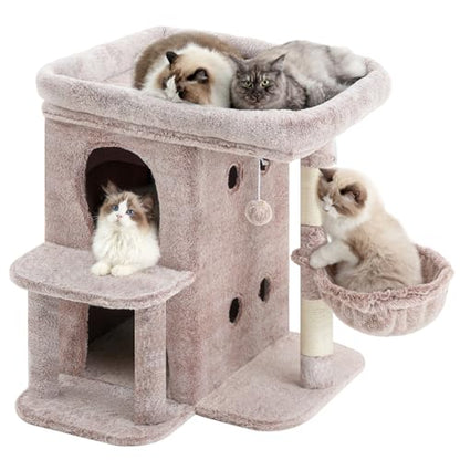Heybly Cat Tree, 26.3-inch Cat Tower with Spacious Top Perch for Large Cats, Stair-Style Cat House Furniture with Dual-Layer Condos, Sisal Scratching Posts, Cozy Basket & Pompom, Muchroom HCT204SMU - color: Muchroom, size: 26.3 inch