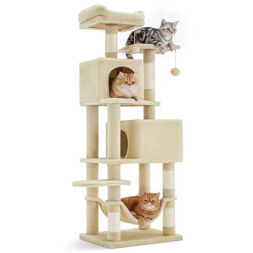SONGMICS HOME Cat Tree for Indoor Cats, Multi-Level Cat Tower with Sisal Scratching Posts, Hammock and Condo, Beige - color: Beige, size: 59.6 Inches