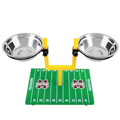 NCAA Mississippi State Bulldogs Goalpost Football Field Dog Feeder – Adjustable Elevated Dog Bowls with Stand, 2 Stainless Steel Bowls, Non-Slip Rubber Feet, Raised Pet Feeder for Large & Small Dogs - color: Mississippi State Bulldogs