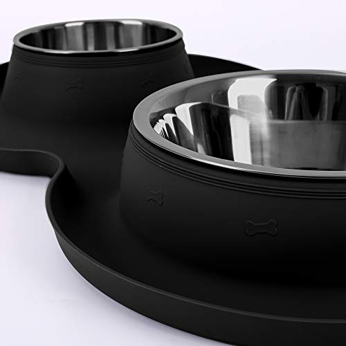 100% Waterproof BPA Free Pet Dog Bowls2 Stainless Steel（53oz+27oz） with 1.35“ Raised Edge Silicone Mat + Slow Feed Dog Water and Food Bowls for Feeding Small Large Dogs Cats Puppies (Black) - color: Black