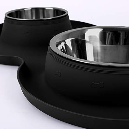 100% Waterproof BPA Free Pet Dog Bowls2 Stainless Steel（53oz+27oz） with 1.35“ Raised Edge Silicone Mat + Slow Feed Dog Water and Food Bowls for Feeding Small Large Dogs Cats Puppies (Black) - color: Black