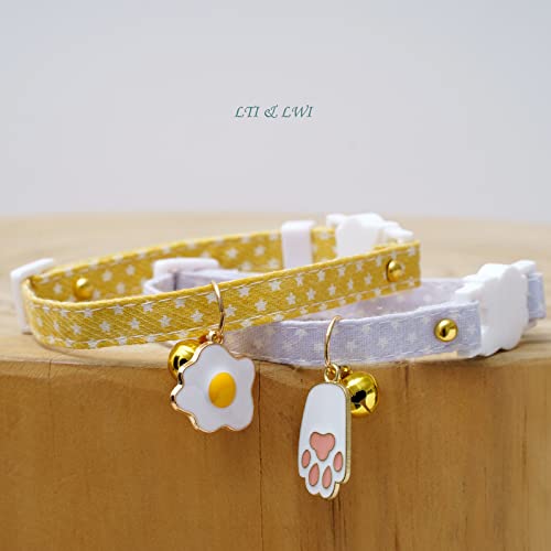 2 Pack Star Cotton Breakaway Cat Collars with Bell Egg Cat Paw Pendant Kitty Kitten Collars Yellow Purple Collar for Female Girl Cats Male Boy Cats - color: Yellow & Purple