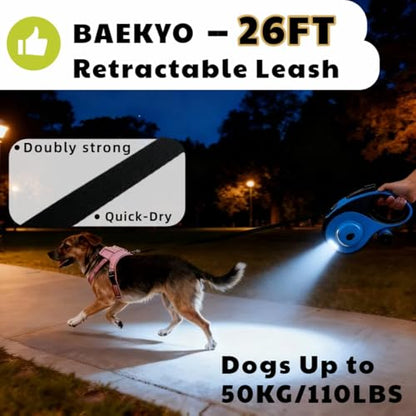 26ft Retractable Dog Leash for Large Dogs with Poop Bag Holder and LED Light,Heavy Duty Retractable Dog Leash with Chew Proof Extender,One-Hand Lock System,Impact-Resistant,Up to 110 lbs (Blue) - color: Blue