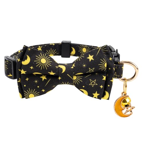 2 Pack Cotton Cat Collar with Bow Tie and Bell for Girl Boy Cats,Cute Pink Flamingo and Blue Whale Pattern Spring Summer Breakaway Cat Collar for Male Female Cats (Moon) - color: Moon