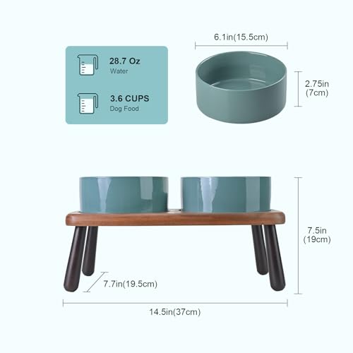 SPUNKYJUNKY Ceramic Elevated Dog Bowls Raised with Acacia Bamboo Wooden Stand, 6.1'' Dog Cat Food Water Bowls Set Non-Slip for Small Medium Sized Breed Microwave Dishwasher Safe - 28.7 OZ,Dark Green - color: Dark Green, size: 6.1 in - Dual
