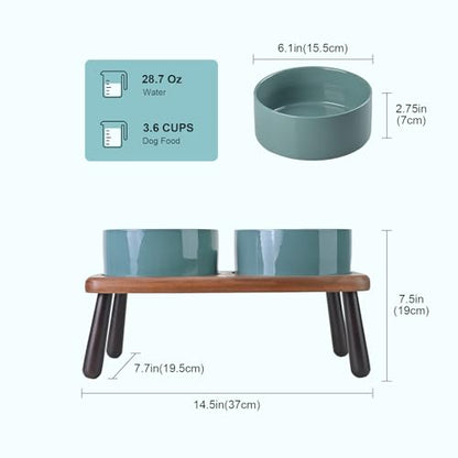 SPUNKYJUNKY Ceramic Elevated Dog Bowls Raised with Acacia Bamboo Wooden Stand, 6.1'' Dog Cat Food Water Bowls Set Non-Slip for Small Medium Sized Breed Microwave Dishwasher Safe - 28.7 OZ,Dark Green - color: Dark Green, size: 6.1 in - Dual