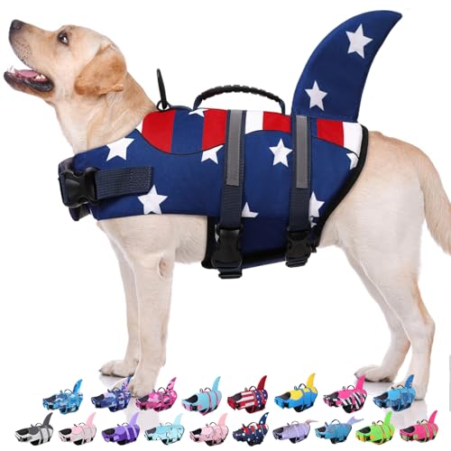 Dog Life Jacket - Shark Life Vest for Swimming Boating - Reflective Lifejacket Swimsuit for Small Medium Large Dogs - High Buoyancy Lifesaver Preserver with Rescue Handle, USA Flag XS - color: USA Flag, size: X-Small