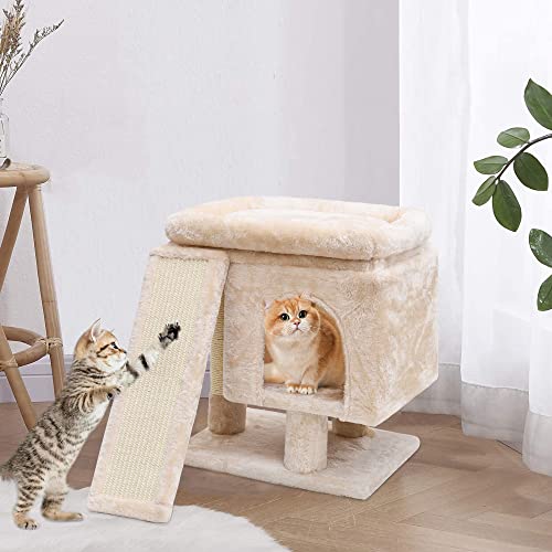 SYANDLVY Small Cat Tree for Indoor Large Cats, Kittens Condo with Scratching Post and Board, Modern Activity Tower with Cave (Beige) - color: Beige