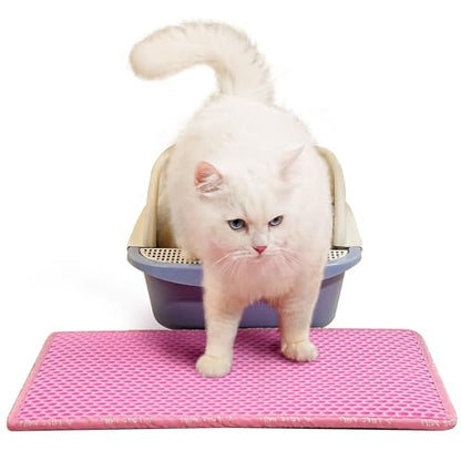 Cat Litter Mat, 21 x 14 Inches Large Honeycomb Double Layer Cat Litter Trapping Mat, Non Slip Waterproof Urine Proof Cat Litter Box Mat, Kitten Supplies and Essentials, Pink - color: Pink