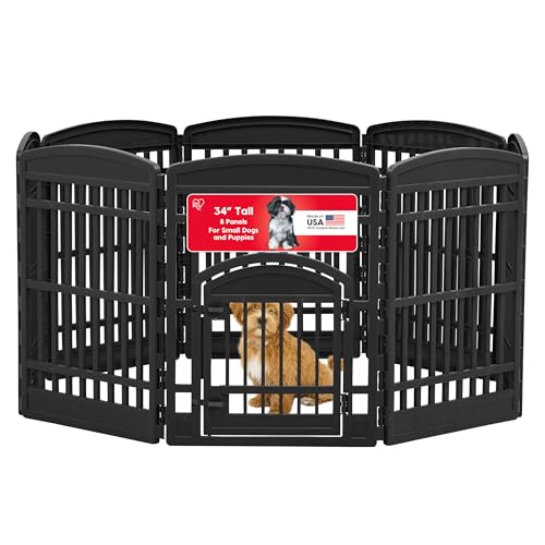 IRIS USA Dog Playpen with Door, 34” 8 Panel Pet Exercise Pen – Indoor Outdoor Puppy Play Pen, Portable Plastic Pet Fence for Small Medium Dogs, Foldable 63” x 63” x 34”, Black - color: Black, size: 8 Panel - 34" H