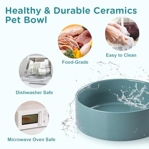 SPUNKYJUNKY Ceramic Elevated Dog Bowls Raised with Acacia Bamboo Wooden Stand, 8.3'' Dog Food Water Bowls Set Non-Slip for Medium Large Sized Breed Microwave Dishwasher Safe - 60 OZ,Dark Green - color: Dark Green, size: 8.3 in - Dual