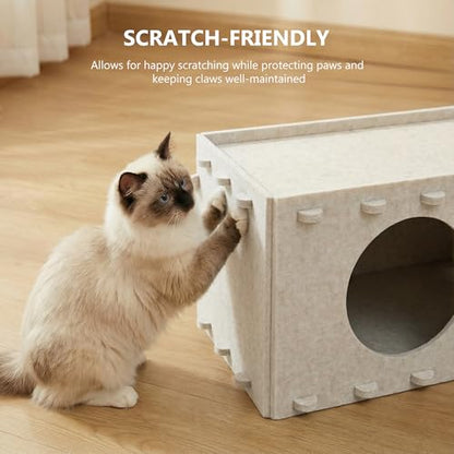 Cat House for Indoor Cats, Foldable Felt Cat Cave, Cat Hideaway, Cat Bed for Large & Multiple Cats, 23.6x15.8x11.8 inch, Cream - style: Camel