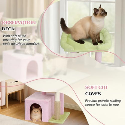 Outvita Cat Tree 27.5in Small Cat Tower, Multi-Level Cat Tree Tower with Cat Scratching Post and Pad, Cozy Cat Condo, Padded Top Bed for Kittens and Indoor Cats, Pink & Green - size: 27.5" Pink & Green