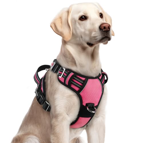 rabbitgoo Dog Harness for Large Dogs, No Pull Pet Vest with 3 Buckles, Adjustable Soft Padded Pet Harness with Easy Control Handle and Reflective Strips, Pink, L - color: Pink, size: Large