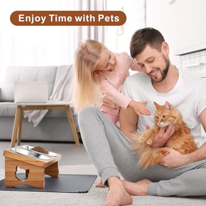 Elevated Cat Bowls with Silicone Mat, 15° Tilted Solid Wood Stand, Raised Stainless Steel Food & Water Dishes for Cats and Small Dogs, Anti-Vomiting Design(Teak) - color: Teak