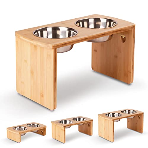 Elevated Dog Bowls, Bamboo Raised Dog Bowl for Large Dogs, with 2 Stainless Steel Bowls (13'' Tall-68oz Bowl) - color: Natural, size: X Large: 13'' Tall-68oz Bowl