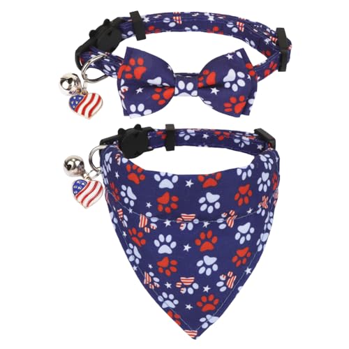 PTDECOR American Flag Cat Collar Breakaway with Cute Bow Tie Bell, 4th of July Bandana Collar, Patriotic Cat Bowtie Collars for Kittens (Blue) - color: Flag-1