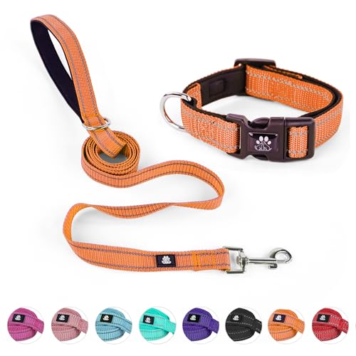 Dog Collar and Leash Set,Reflective Dog Collars with Quick Release Buckle,Adjustable Nylon Pet Collar for Small Medium Large Dogs(Small,Orange) - color: Orange, size: Small