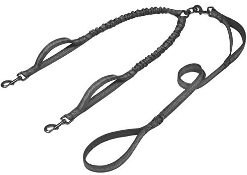 iYoShop Double Dog Leash with Three Extra Traffic Handles, 360 Swivel No Tangle Dual Dog Walking Leash, Comfortable Shock Absorbing Reflective Bungee for Two Dogs(15-120 lbs, Black) - color: Black, size: Weight (15~120 lbs.)