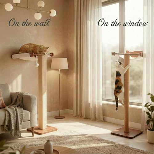 Sintuff Cat Window Perch with Scratching Post Climbing Tree Hammock Mounted with Suction Cups 46 Inch Tall Adjustable Narrow Cat Tree Climbing Pole for Playing Sleeping Watching Birds(Square)