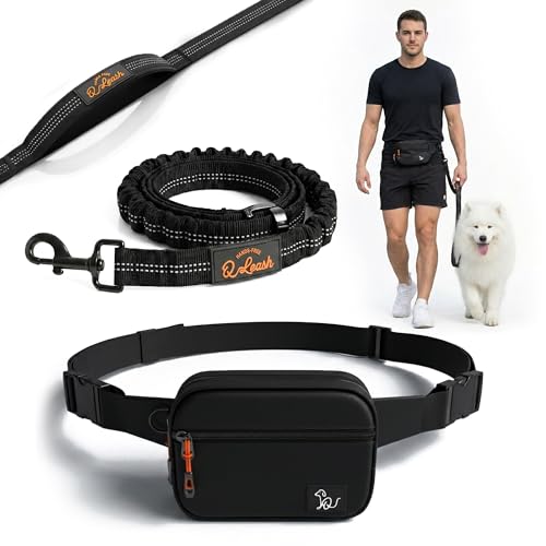 Hands Free Dog Leash with Zipper Storage Pouch - Waist Belt Bungee Running, Walking & Hiking Leash - Padded Handle - Seat Belt Attachment - Reflective No Pull Control for SM-L Dogs 10-120 lbs (Black) - color: Savannah-Axel Black