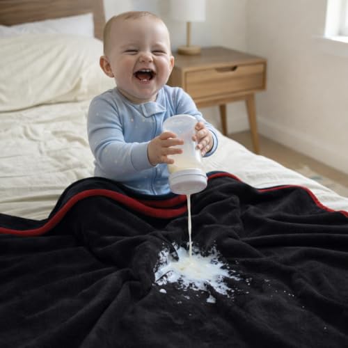 Queen Size Waterproof Blanket – Stain-Proof, Spill-Proof Flannel Blanket for Bed, Couch, Kids & Pets Protection, Reversible Splash-Proof Design (Passion Red & Midnight Black, 80x90) - color: Velvet Red/Obsidian Black, size: Queen