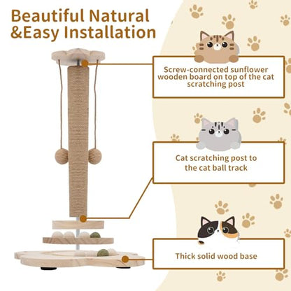 4 inch Wider Design for Large Cats Providing Greater Stability,4-in-1 Wooden Cat Scratcher Toy,Scratching Post&2-Level Track Tower with 8 Balls&2 Sisal Ball&2 Cat Wand Toy(15.8" L x 15.8" W x 19" H) - size: 15.8"L x 15.8"W x 3.1"H