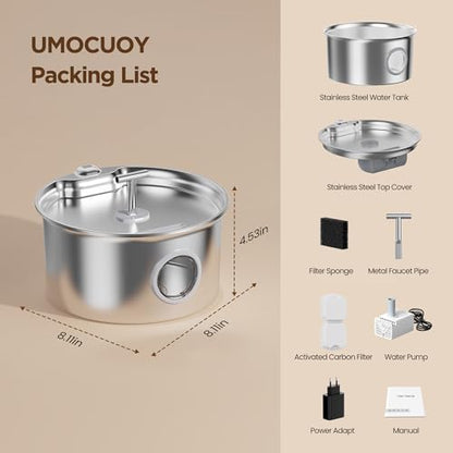 Cat Water Fountain Stainless Steel: 2.6L Cat Fountain for Drinking - Pet Water Fountain for Cats Indoor - Automatic Pet Water Dispenser Bowl - Best Auto Feeding Supplies Gift for Small Dog Large Kitty