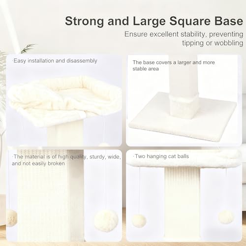 34" Cat Scratching Post for Indoor Cats, Sisal Cat Scratcher with Large Plush Perch, Vertical Posts with Elevated Bed and with Two Dangling Balls, Removable & Washable Cover, Beige White - color: Beige white