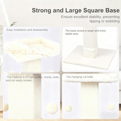 34" Cat Scratching Post for Indoor Cats, Sisal Cat Scratcher with Large Plush Perch, Vertical Posts with Elevated Bed and with Two Dangling Balls, Removable & Washable Cover, Beige White - color: Beige white