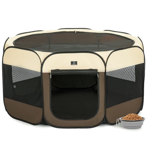 Dog Playpen for Small Dogs & Puppies, 50.39" Portable Indoor Outdoor Puppy Playpen with Bowl, Waterproof Floor, Foldable Pop-Up Pet Pen for Home, Travel & Daily Use, Brown+Beige - color: Brown+Beige, size: L(50.39"x50.39"x25")