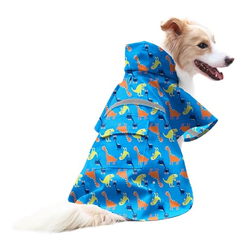 NACOCO Large Dog Raincoat Adjustable - Pet Dinosaurs Water Proof Clothes Lightweight Rain Jacket Poncho Hoodies with Strip Reflective Blue (M, Blue Dinosaur) - color: Blue Dinosaur, size: Medium (Pack of 1)