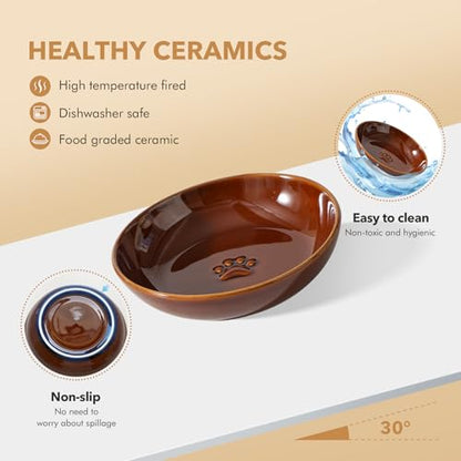 Havniva Ceramic Cat Bowl Whisker Friendly 5.5” Cat Dishes Shallow Cat Food Bowl Anti-Slip Pet Water Bowls for Indoor Cats, Wide Cat Food Dish Prevent Whisker Fatigue (3 Pack) - color: Caramel Brown - B