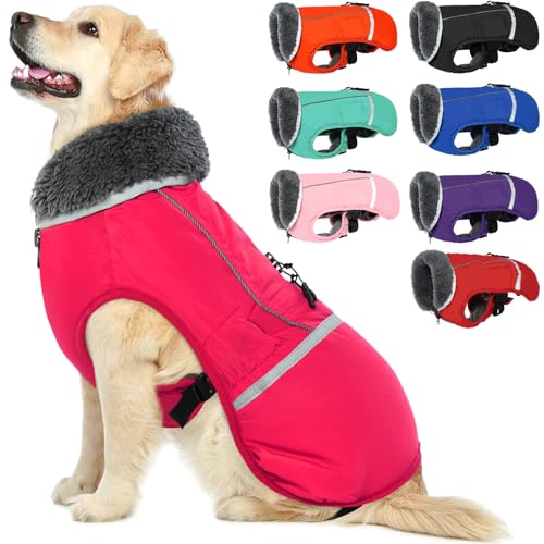 QBLEEV Warm Dog Coat Reflective Dog Jacket, Waterproof Dog Winter Coat Turtleneck Dog Clothes for Cold Weather, Thick Fleece Dog Snowsuit Christmas Dog Vest Pet Apparel for Small Medium Large Dogs S - color: Rose Red, size: Small