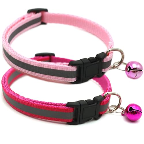 Reflective XXS Dog Collar with Bell, 2 Pack Puppy Collars Adjustable for XS XSmall Extra Small Tiny Little Dogs Pet Cat Girl Female Kitten Hot Pink and Pink - color: Hot Pink+Pink, size: XS(Neck 7.5"-12")