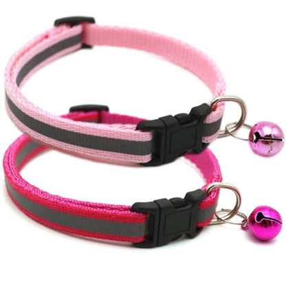 Reflective XXS Dog Collar with Bell, 2 Pack Puppy Collars Adjustable for XS XSmall Extra Small Tiny Little Dogs Pet Cat Girl Female Kitten Hot Pink and Pink - color: Hot Pink+Pink, size: XS(Neck 7.5"-12")