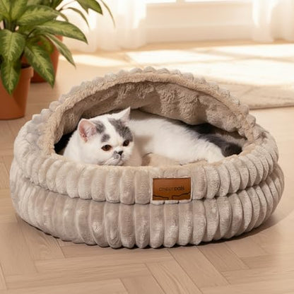 Cat Cave Bed for Indoor Cats, Washable Covered Cat Bed Hooded Kitty Bed Soft Fluffy Pet Bed for Puppy and Small Dog(Khaki) - color: Khaki