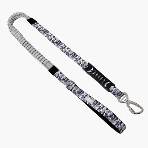 Dog Friendly Co. Bungee Dog Leash | Strain Free & Shock Resistant for Control | Neoprene Padded Handle, Heavy-Duty Carabiner Clip, and D-Ring | Grey Camo, Size Small - color: Grey Camo, size: Small