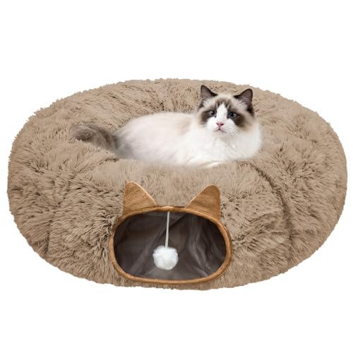 Cat Tunnel Bed for Indoor Cats, Soft Plush Donut Peekaboo Cat Cave, Multifunctional Playground Toy for Small Medium Large Cats, Kittens, Rabbits, Ferrets, with Washable Cushion (Brown) - color: Brown