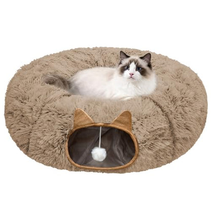 Cat Tunnel Bed for Indoor Cats, Soft Plush Donut Peekaboo Cat Cave, Multifunctional Playground Toy for Small Medium Large Cats, Kittens, Rabbits, Ferrets, with Washable Cushion (Brown) - color: Brown