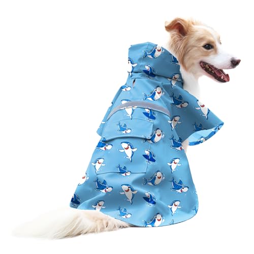 NACOCO Large Dog Raincoat Adjustable - Pet Shark Water Proof Clothes Lightweight Rain Jacket Poncho Hoodies with Strip Reflective Blue (M, Blue Shark) - color: Blue Shark, size: Medium (Pack of 1)