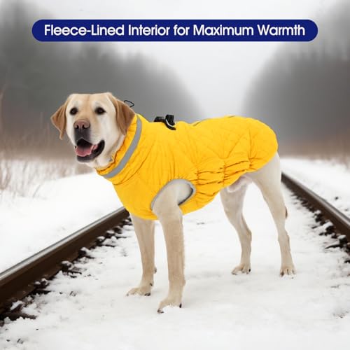 FUAMEY Dog Coat for Small Dogs,Waterproof Dog Winter Jacket with Harness Built in Puppy Cold Weather Coats Reflective Pet Vest with Zipper Warm Fleece Dogs Snowsuit Windproof Yellow XS - color: Yellow, size: XS(chest:14in)